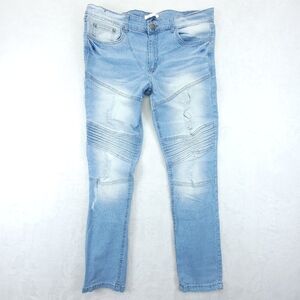 GS-115 Mens Denim Jeans Blue Moto Distressed Size 34x27 Light Wash